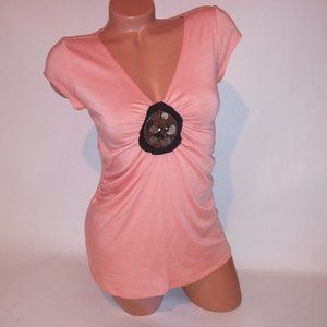 First Kiss Y2K Blouse Medium Orange Brown Embellished‎ Center Short Sleeve Solid